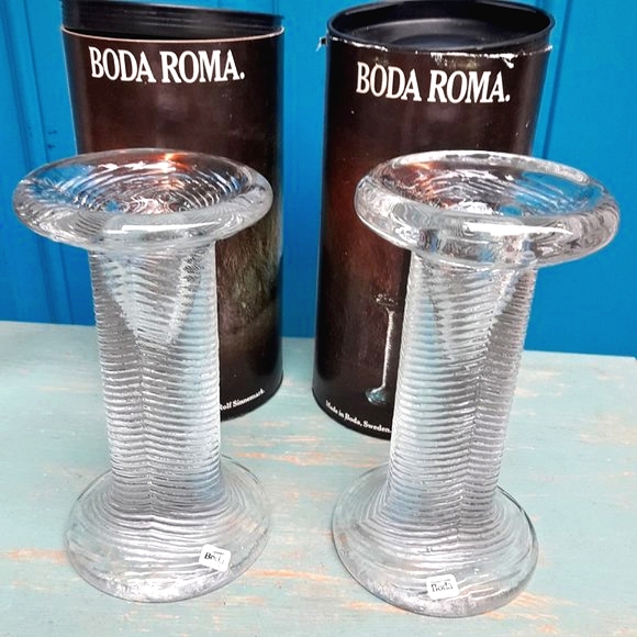 Glass Candle Holders Vintage Boda Sweden in Original Box Big Clear Solid Chunky - Picture 1 of 16